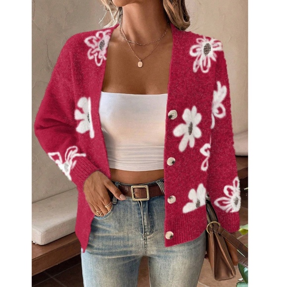 Red Cardigan Knit Flower Textured Button Front  Stretchy, Soft - Picture 4 of 9